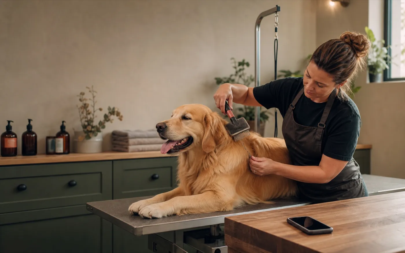 A professional groomer brushing a relaxed golden retriever